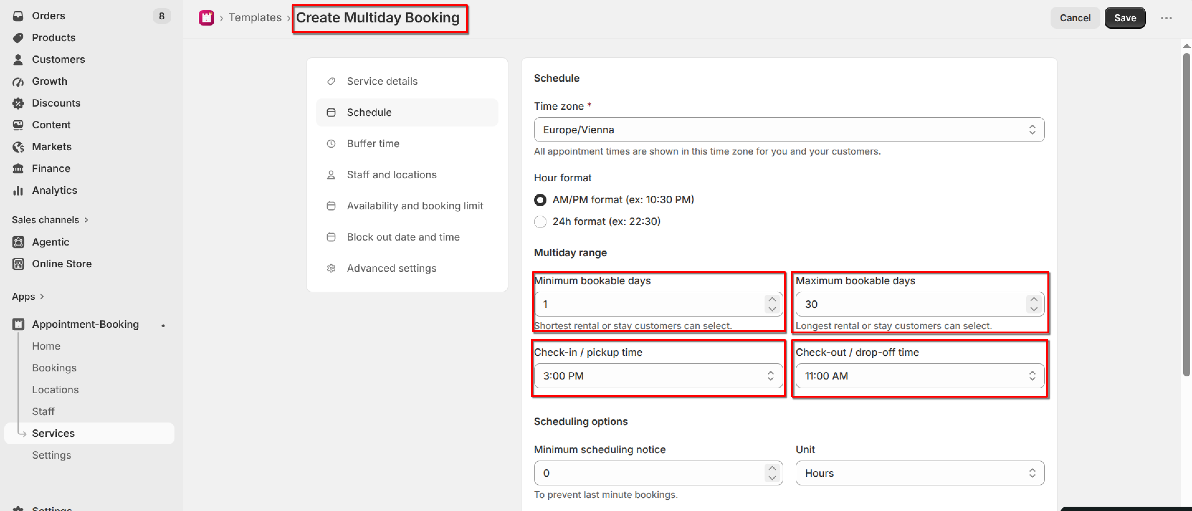 Schedule tab for a Multiday Booking service with Minimum bookable days, Maximum bookable days, Check-in / pickup time, and Check-out / drop-off time fields highlighted